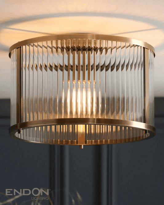 Endon Ridgeton Antique Brass & Ribbed Glass Flush