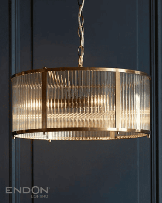 Endon Ridgeton 3 Light Antique Brass & Ribbed Glass Pendant