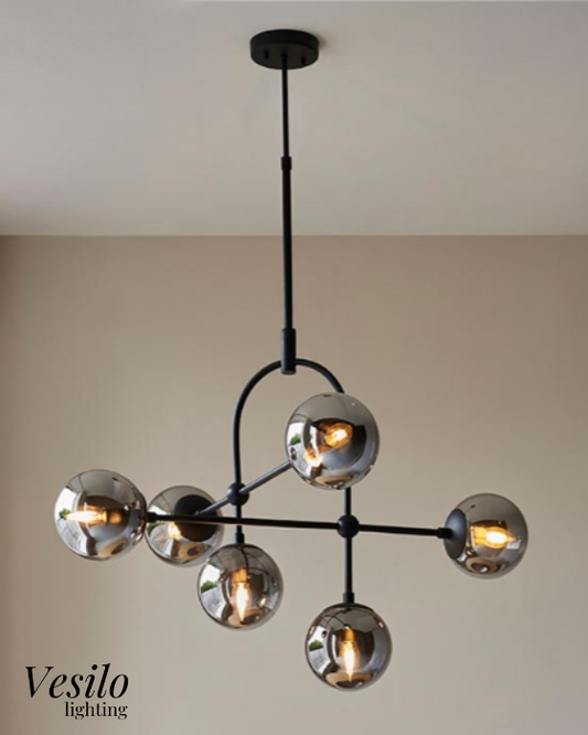 Vesilo Lighting Float Matt Black & Grey Tinted Glass Adjustable Stem Pendant