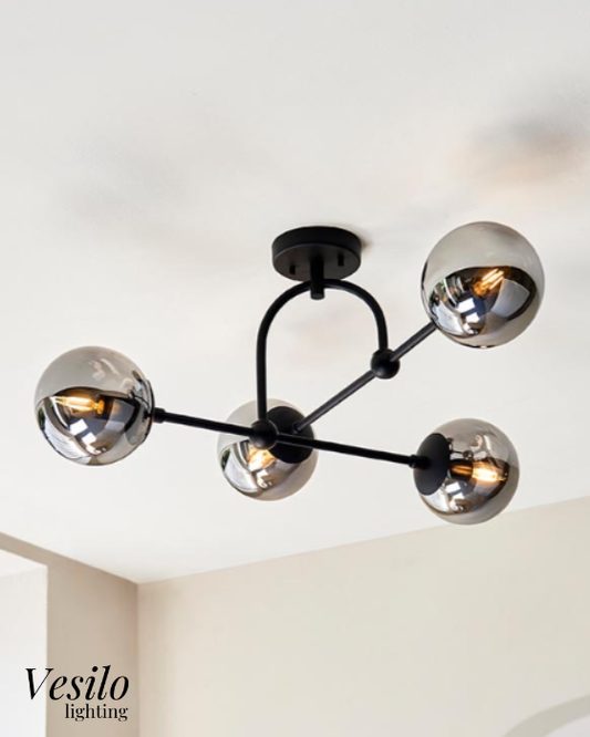 Vesilo Lighting Float 4 Light Matt Black & Grey Tinted Glass Semi Flush