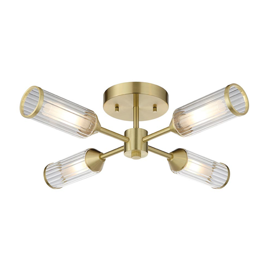 Vesilo Lighting Flute 4 Light Ribbed Frosted Glass & Satin Brass Semi Flush