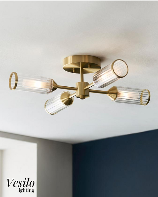 Vesilo Lighting Flute 4 Light Ribbed Frosted Glass & Satin Brass Semi Flush