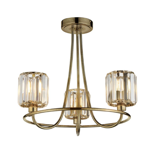 Endon Berenice 3 Light Antique Brass & Faceted Glass Semi Flush