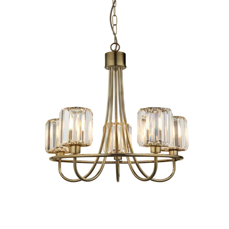 Endon Berenice 5 Light Antique Brass & Faceted Glass Pendant