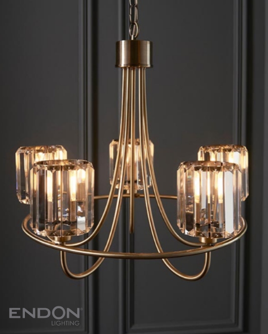 Endon Berenice 5 Light Antique Brass & Faceted Glass Pendant