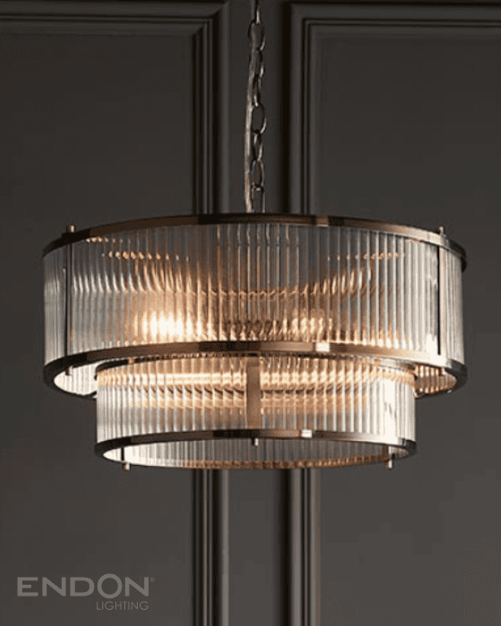 Endon Ridgeton 5 Light Antique Brass & Ribbed Glass Pendant