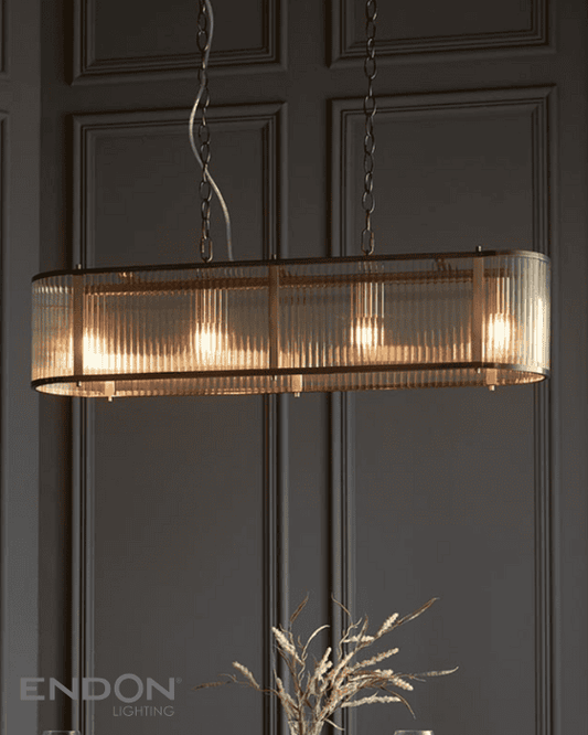 Endon Ridgeton 4 Light Antique Brass & Ribbed Glass Linear Pendant