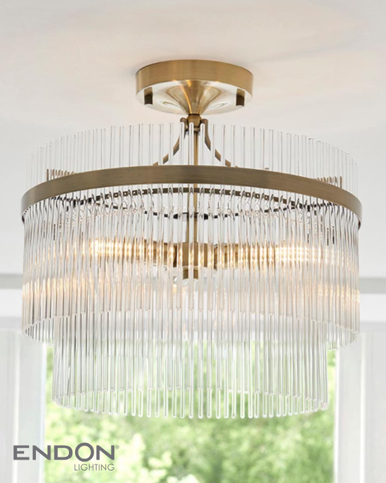 Endon Marietta 3 Light Antique Brass & Clear Glass Semi Flush