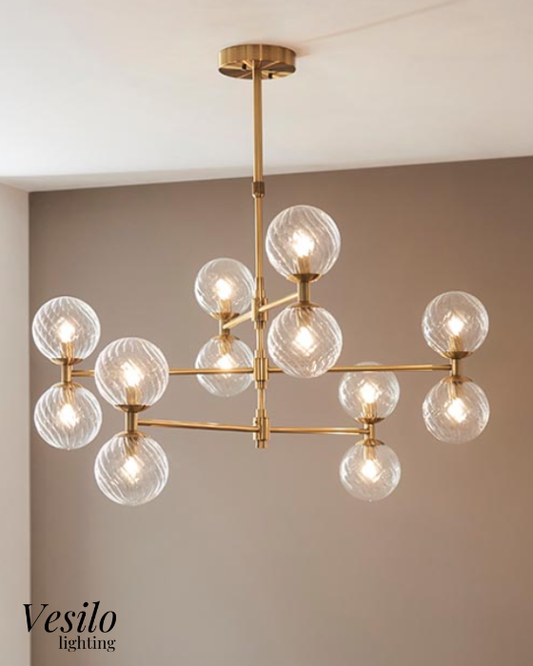 Vesilo Lighting Awry Aged Brass 12 Light Twisted Clear Glass Pendant