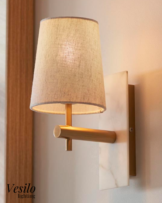 Vesilo Lighting Vein Brass & White Marble Wall Light with Tapered Shade