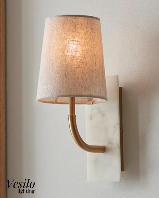 Vesilo Lighting Vein Brass & White Marble Curved Wall Light with Tapered Shade