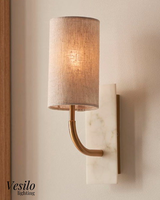 Vesilo Lighting Vein Brass & White Marble Curved Wall Light with Shade