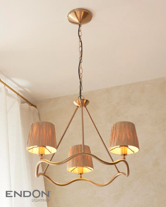 Endon Wriggle Brass 3 Light Pendant with Raffia Tapered Shades