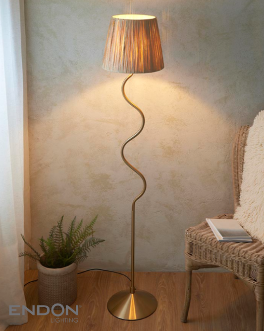 Endon Wriggle Brass Floor Lamp with Raffia Tapered Shade