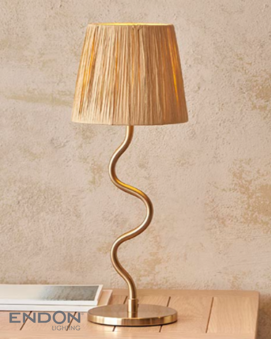 Endon Wriggle Brass Table Lamp with Raffia Tapered Shades