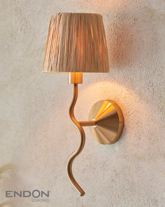 Endon Wriggle Brass Wall Light with Raffia Tapered Shades