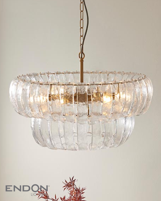 Endon Montrose 6 Light Brushed Aged Brass & Textured Glass Pendant