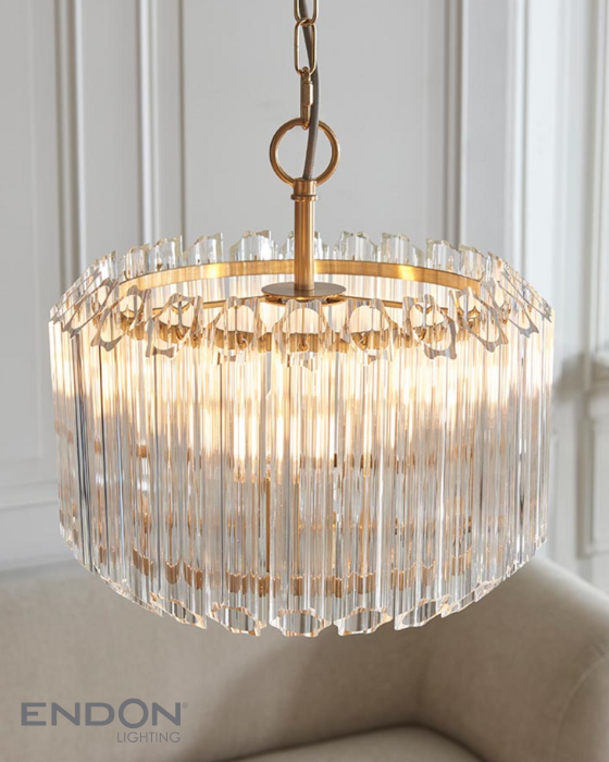Endon Valentina 3 Light Brushed Aged Brass & Hexagonal Glass Pendant