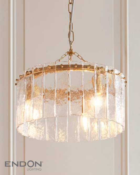 Endon Karine 3 Light Brushed Aged Brass & Textured Glass Pendant
