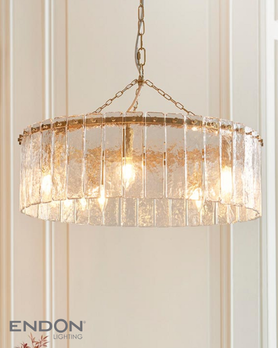 Endon Karine 5 Light Brushed Aged Brass & Textured Glass Pendant