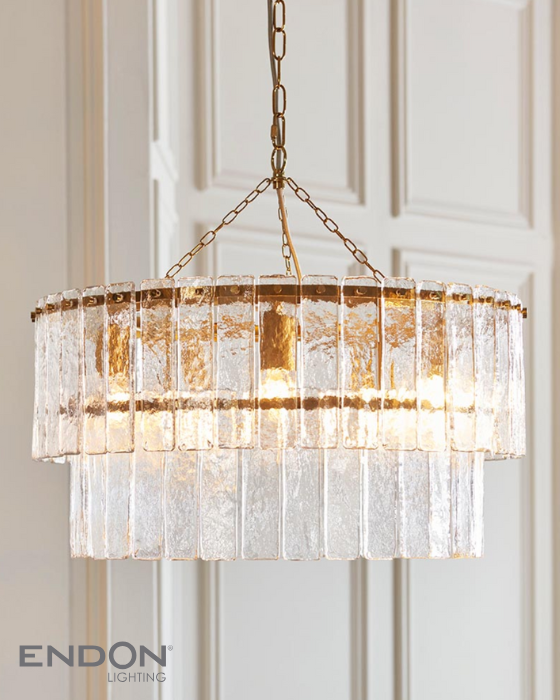 Endon Karine 5 Light Tiered Brushed Aged Brass & Textured Glass Pendant