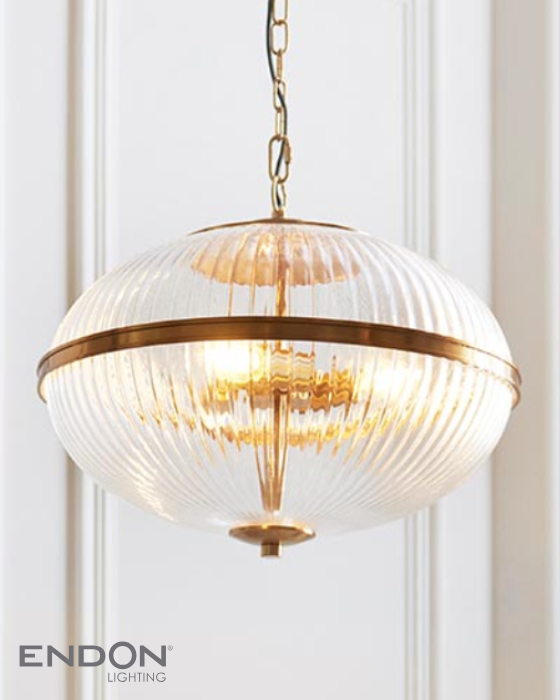 Endon Somerset 3 Light Brass & Ribbed Glass Pendant