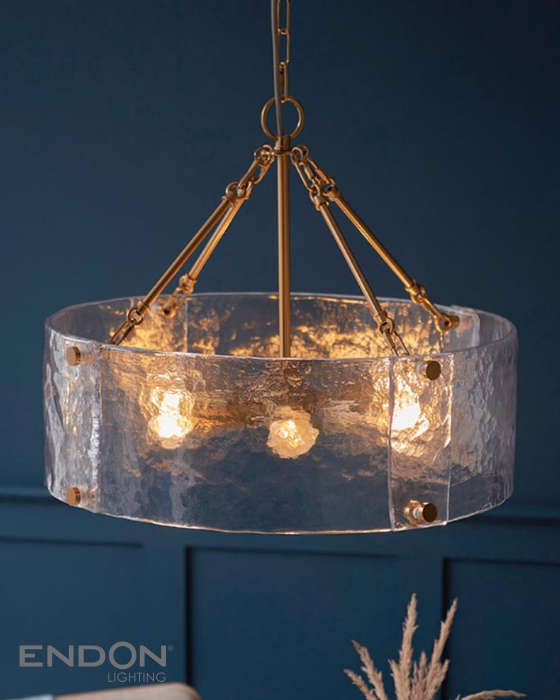 Endon Keller 6 Light Brushed Aged Brass & Textured Glass Pendant