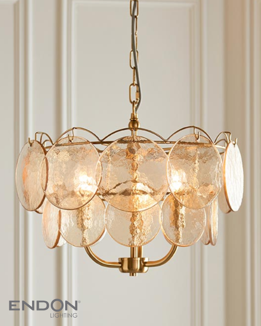 Vesilo Lighting Disc 3 Light Brushed Aged Brass & Champagne Glass Pendant