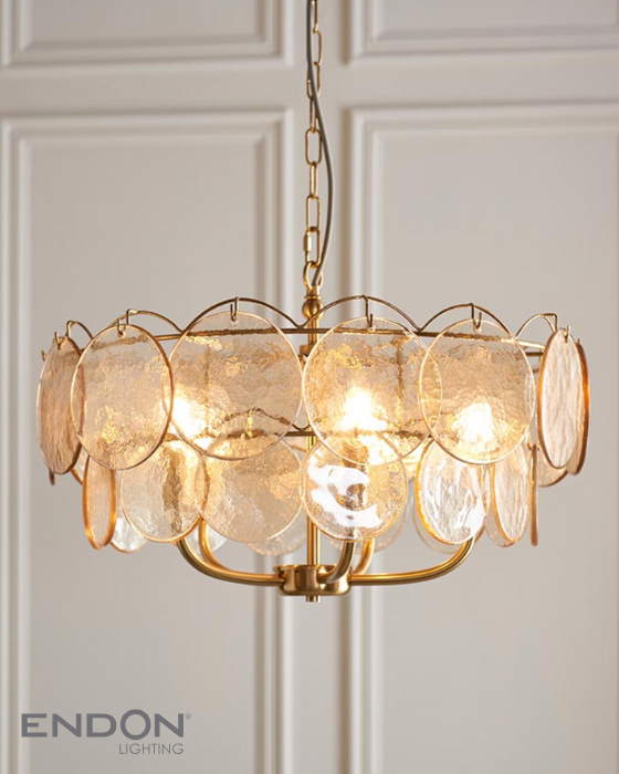 Vesilo Lighting Disc 5 Light Brushed Aged Brass & Champagne Glass Pendant