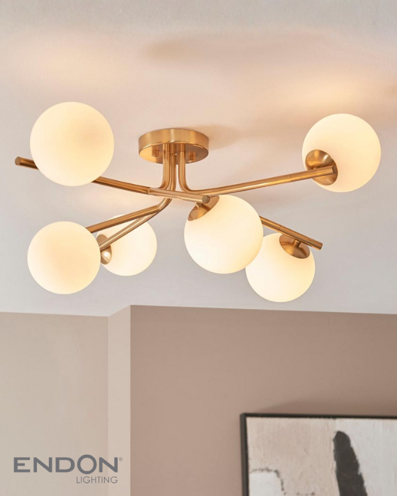 Endon Aaron 6 Light Aged Brass & Opal Glass Semi flush