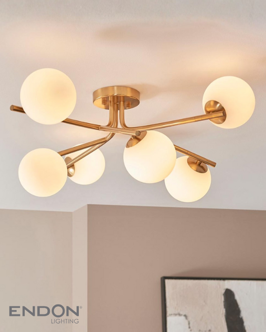 Endon Aaron 6 Light Aged Brass & Opal Glass Semi flush