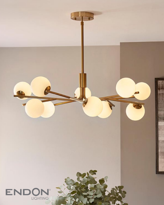Endon Aaron 10 Light Aged Brass & Opal Glass Pendant