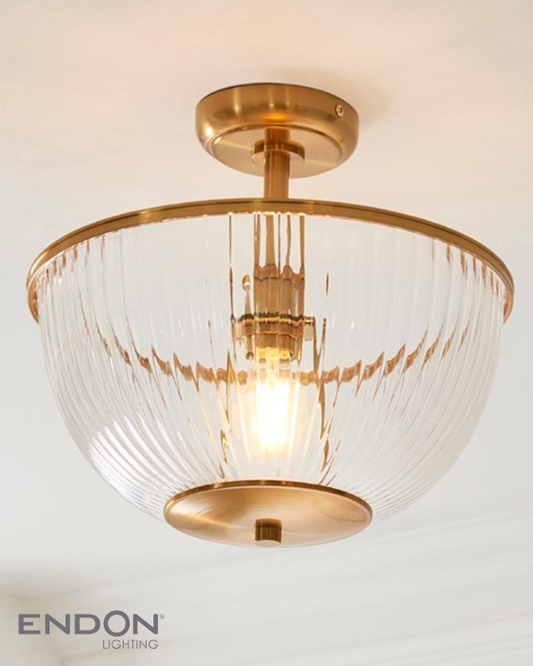 Endon Somerset Uplighter Brass & Ribbed Glass Flush