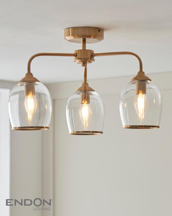 Endon Ashcroft 3 Light Brushed Aged Brass & Clear Glass Semi Flush
