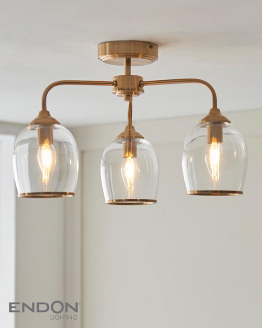 Endon Ashcroft 3 Light Brushed Aged Brass & Clear Glass Semi Flush