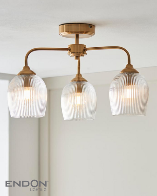 Endon Ashcroft 3 Light Brushed Aged Brass & Ribbed Glass Semi Flush