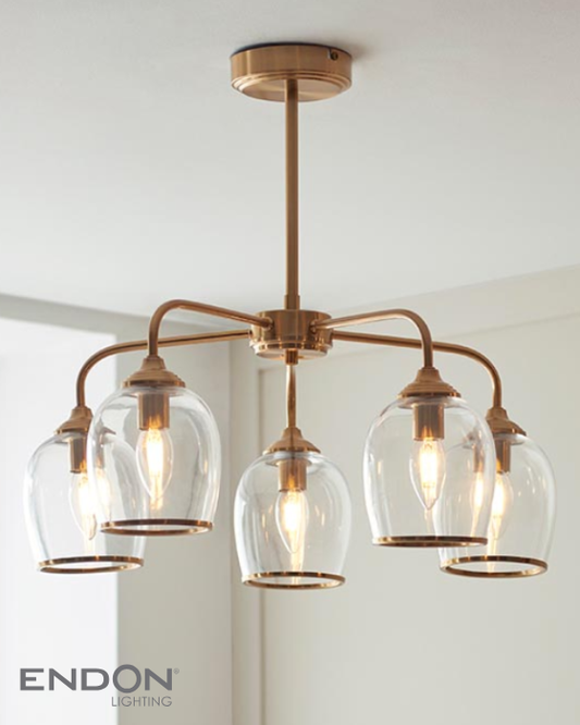 Endon Ashcroft 5 Light Brushed Aged Brass & Clear Glass Pendant
