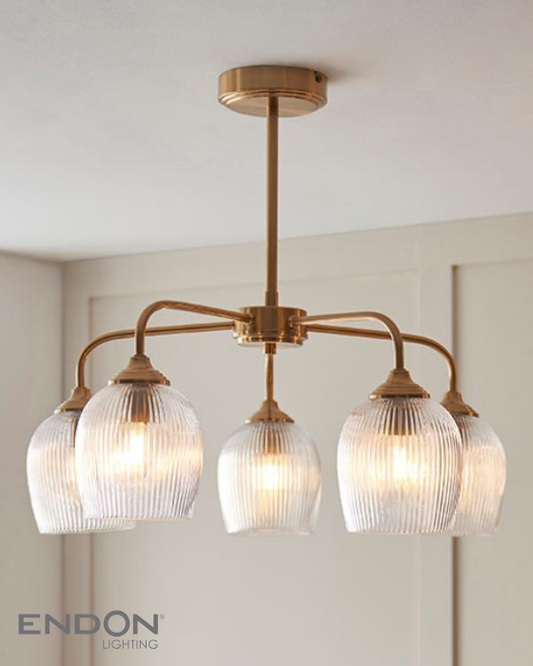 Endon Ashcroft 5 Light Brushed Aged Brass & Ribbed Glass Pendant