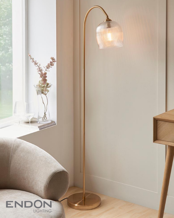 Endon Ashcroft Brushed Aged Brass & Ribbed Glass Floor Lamp