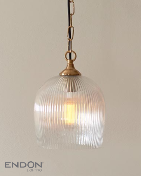 Endon Ashcroft Brushed Aged Brass & Ribbed Glass Pendant