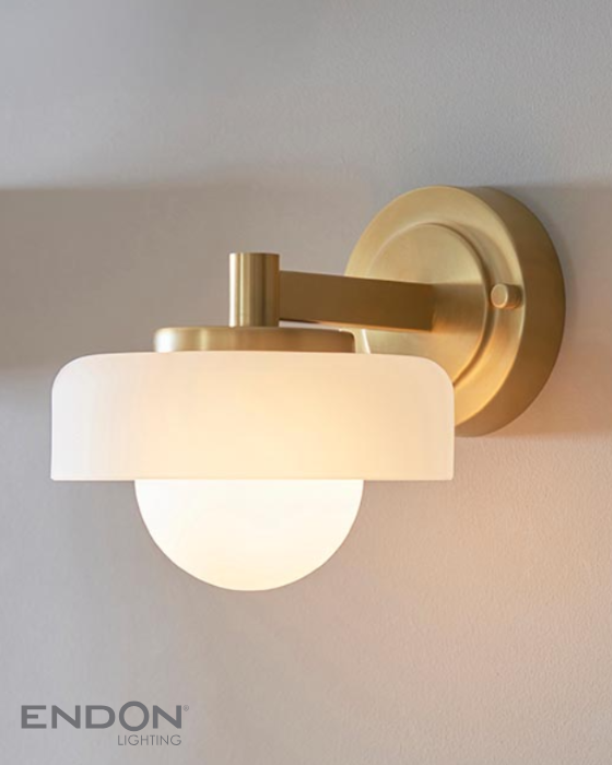 Endon Boss Brushed Aged Brass & Opal Glass Wall Light