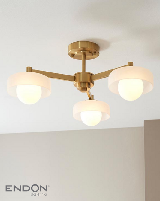 Endon Boss 3 Light Brushed Ages Brass & Opal Glass Semi Flush