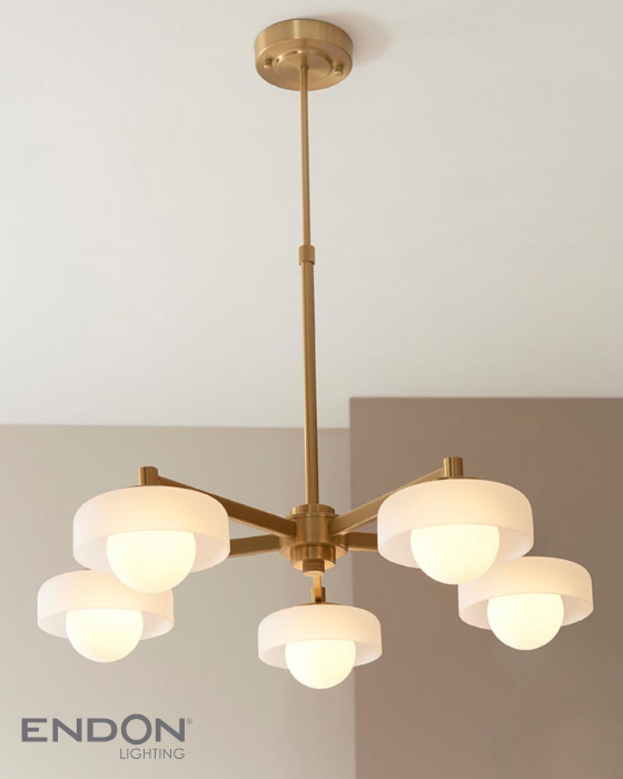 Endon Boss 5 Light Brushed Aged Brass & Opal Glass Pendant