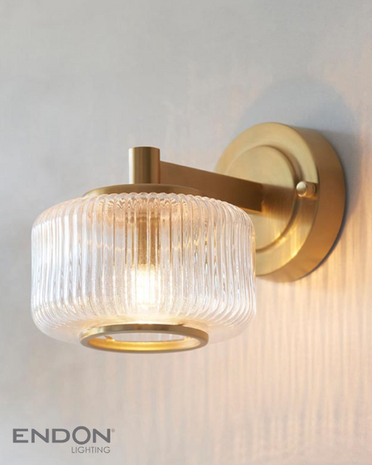 Endon Stamford Brushed Aged Brass & Ribbed Glass Wall Light