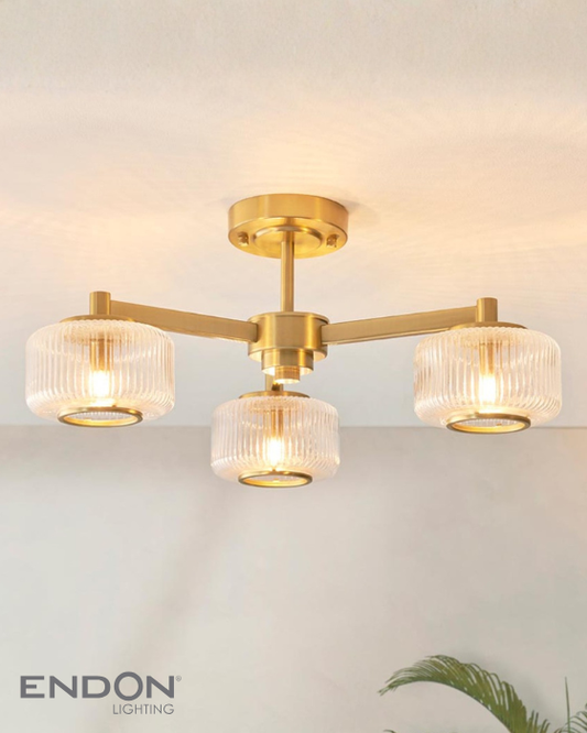 Endon Stamford 3 Light Brushed Aged Brass & Ribbed Glass Semi Flush