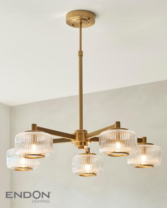 Endon Stamford 5 Light Brushed Aged Brass & Ribbed Glass Pendant