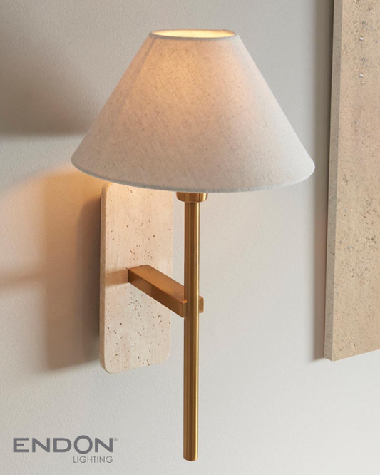Endon Faro Vintage Brass & Travertine Stone Wall Light with Shade