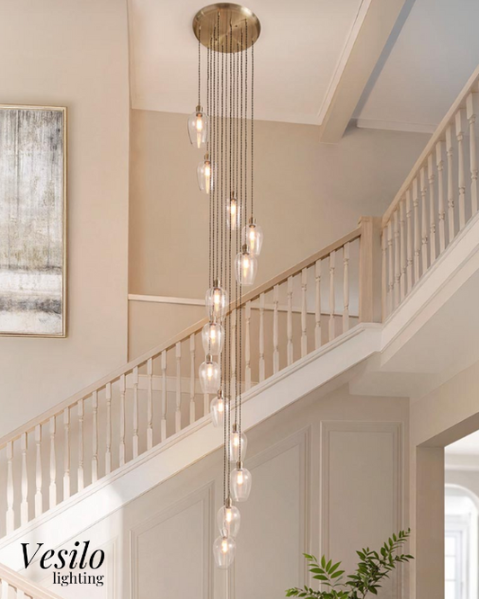 Vesilo Lighting Ares 13 Light Antique Brass & Clear Glass Cascade Pendant