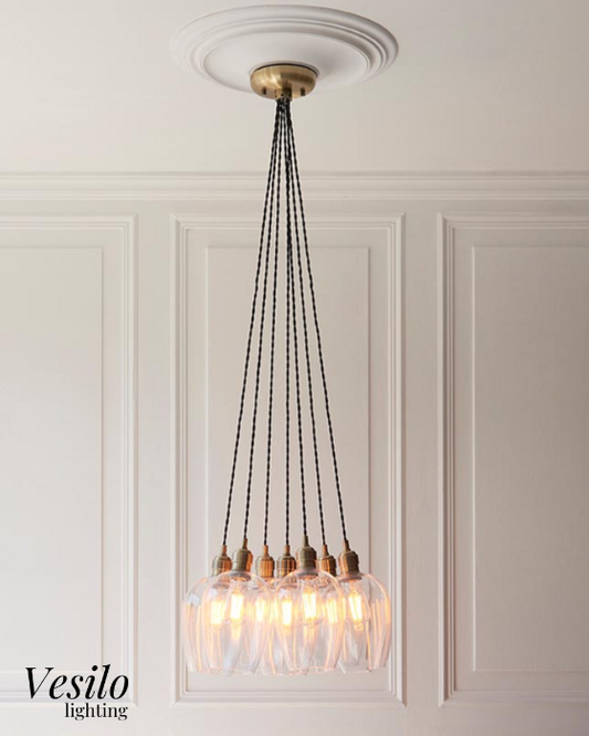 Vesilo Lighting Ares 7 Light Antique Brass & Clear Glass Cluster Pendant