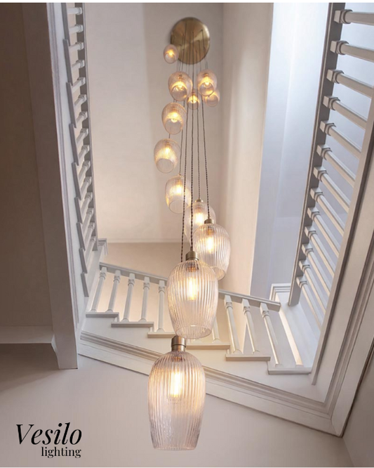 Vesilo Lighting Ares 13 Light Antique Brass & Clear Ribbed Glass Cascade Pendant